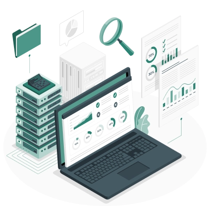 Graphic of a laptop with data and sheets coming out of it