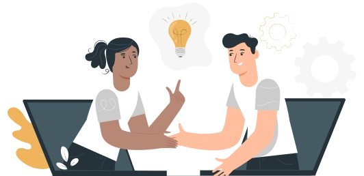 Graphic of a man and a woman talking while sitting with a light bulb between them