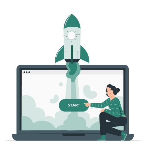 Graphic of woman launching a rocket from a laptop