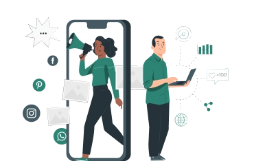 Graphic of man and a woman performing marketing tasks with a laptop and megaphone