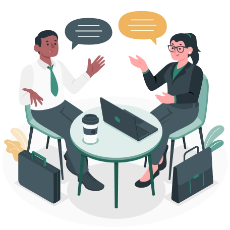 Graphic of a man and a woman sat talking at a table