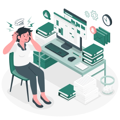 Graphic of a stressed lady sat at a desk